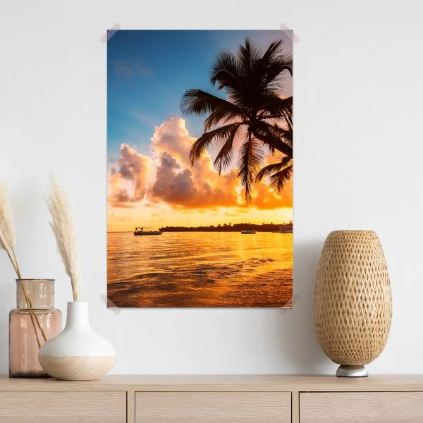 Plakat tropikalny zachód słońca z sylwetkami palm, Dominikana – Wallissimo® Plakat tropikalny zachód słońca z sylwetkami palm, Dominikana – Wallissimo®