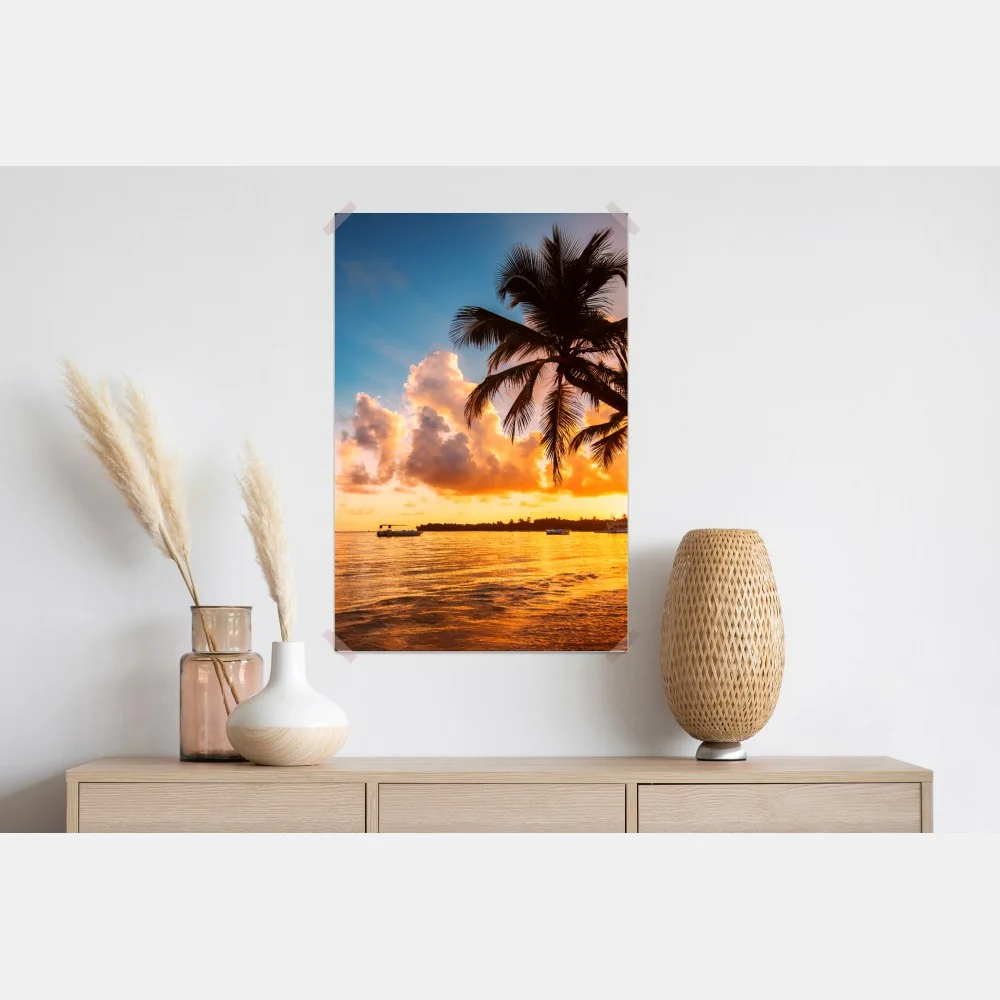 Plakat tropikalny zachód słońca z sylwetkami palm, Dominikana – Wallissimo® Plakat tropikalny zachód słońca z sylwetkami palm, Dominikana – Wallissimo®