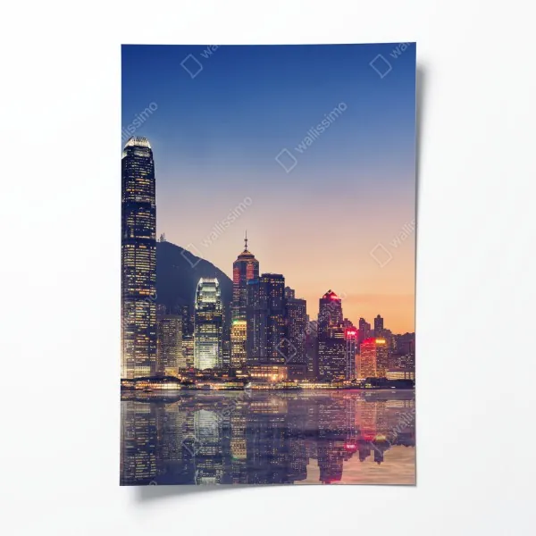 Plakat Hongkong panorama miasta o zmierzchu