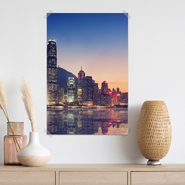 Plakat Hongkong panorama miasta o zmierzchu