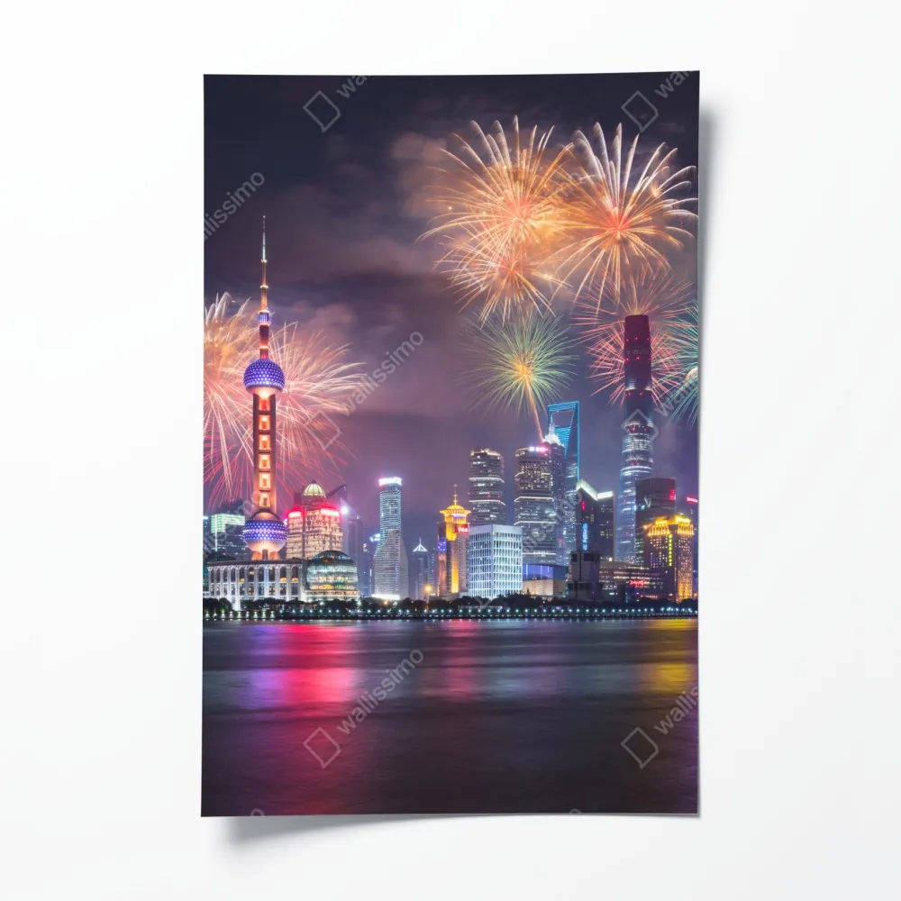 Plakat Szanghaj panorama z fajerwerkami nad rzeką Huangpu – Wallissimo® Plakat Szanghaj panorama z fajerwerkami nad rzeką Huangpu – Wallissimo®