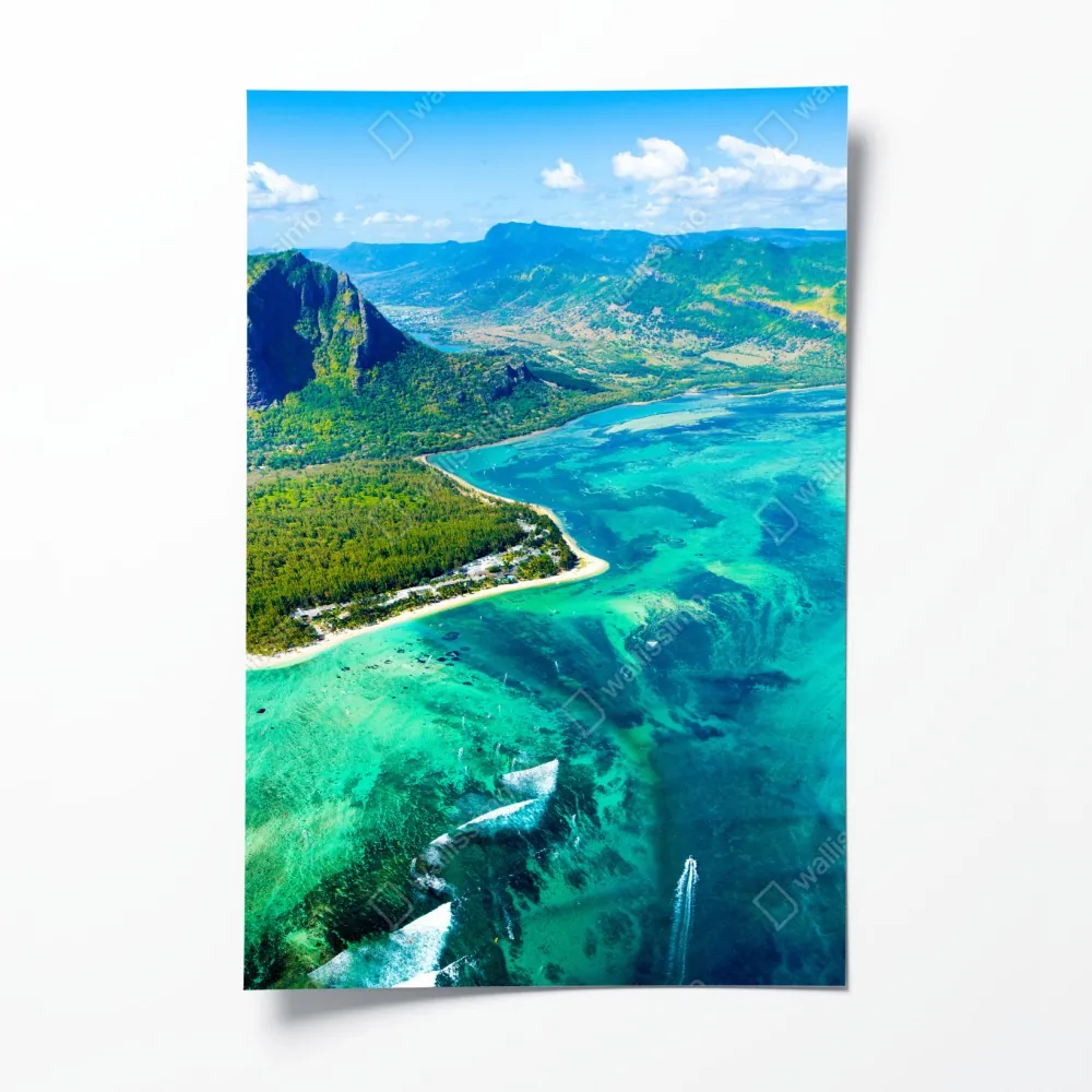Plakat turkusowa laguna z lotu ptaka, Mauritius – Wallissimo® Plakat turkusowa laguna z lotu ptaka, Mauritius – Wallissimo®