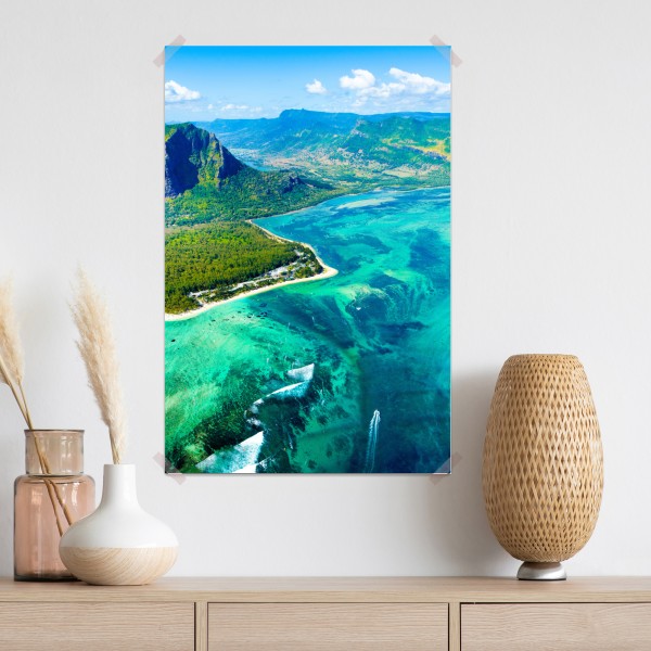 Plakat turkusowa laguna z lotu ptaka, Mauritius