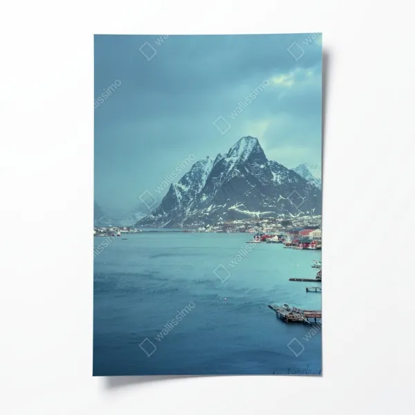 Plakat Reine zimowy fiord w Lofotach