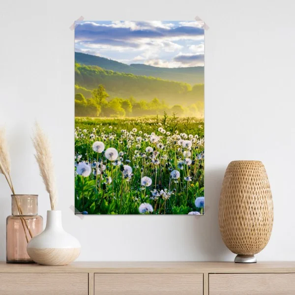 Plakat mglista łąka mleczy o wschodzie słońca – Wallissimo® Plakat mglista łąka mleczy o wschodzie słońca – Wallissimo®