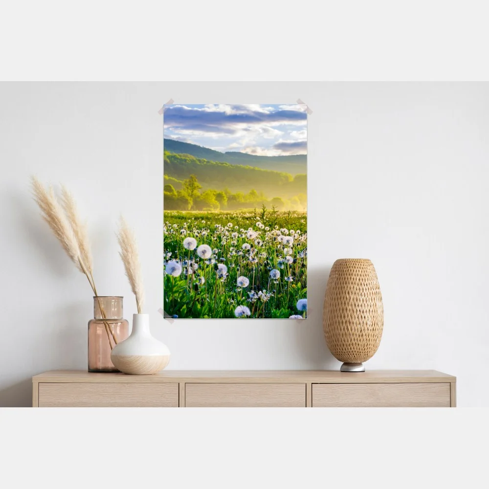 Plakat mglista łąka mleczy o wschodzie słońca – Wallissimo® Plakat mglista łąka mleczy o wschodzie słońca – Wallissimo®
