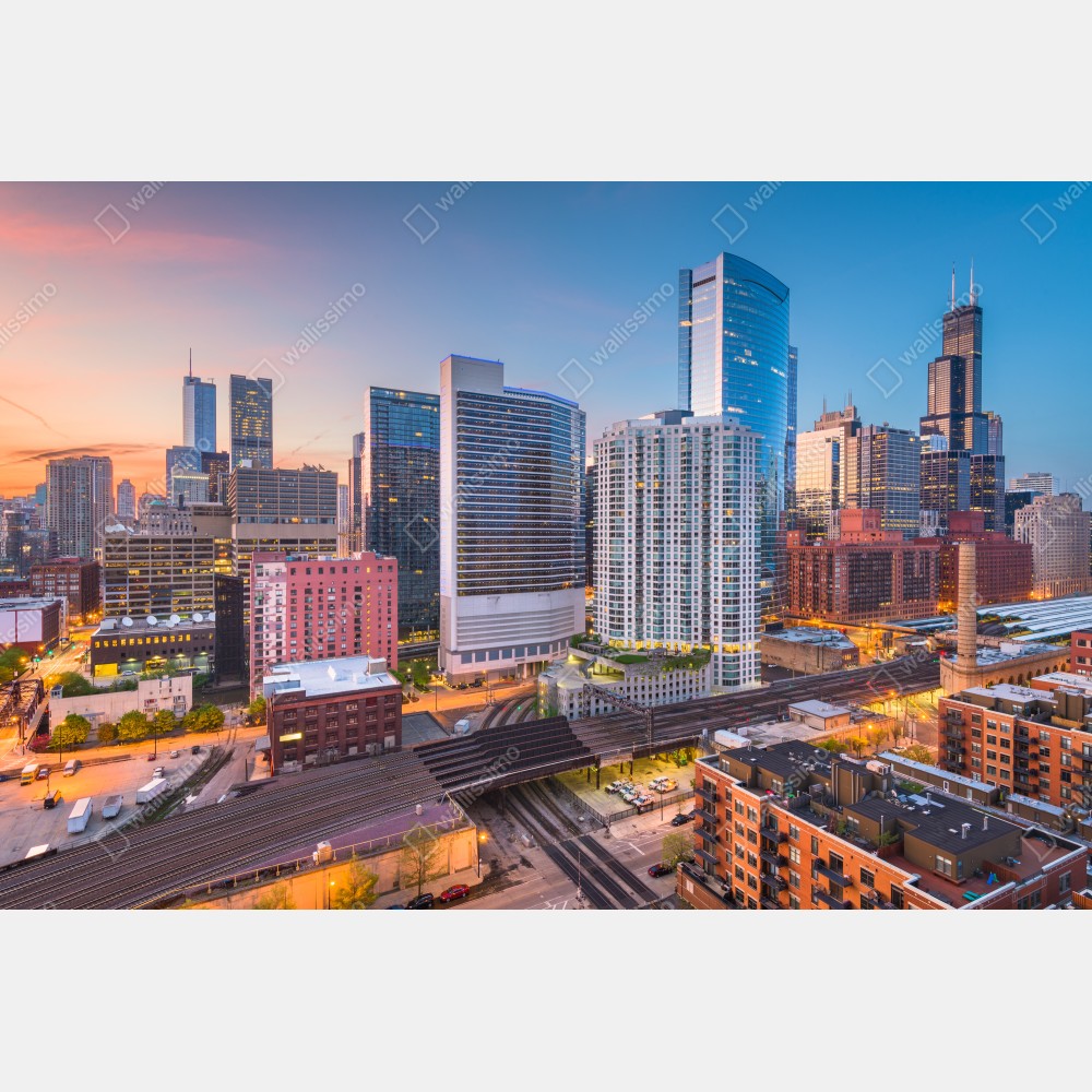 Plakat panorama Chicago o zmierzchu – Wallissimo® Plakat panorama Chicago o zmierzchu – Wallissimo®