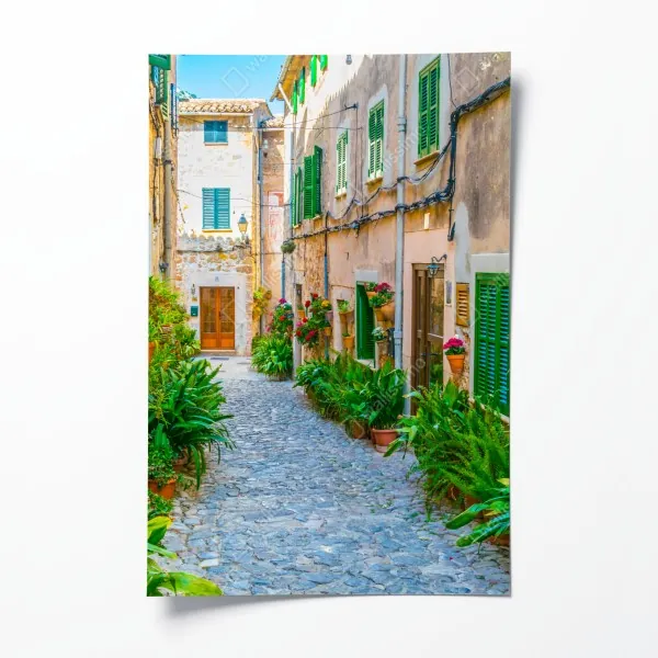 Plakat słoneczna uliczka z zielonymi okiennicami