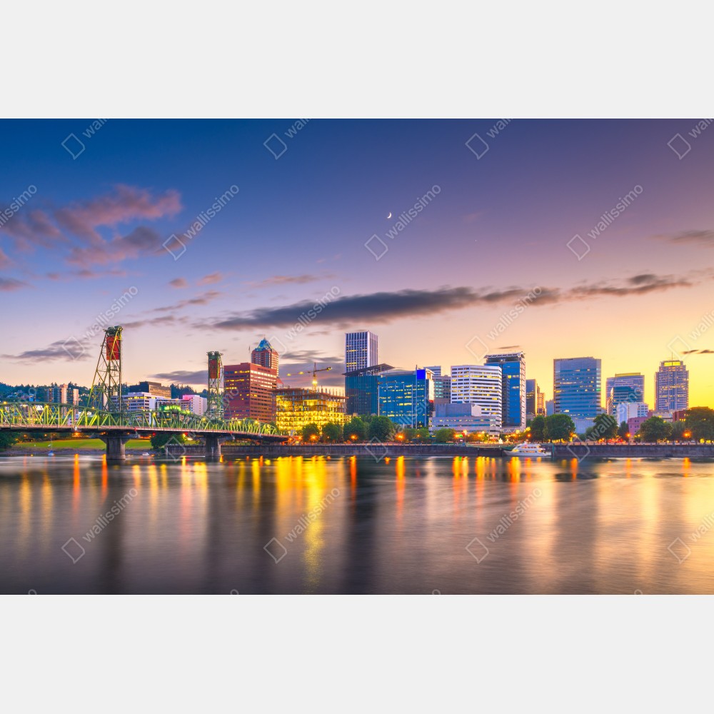 Plakat Portland panorama miasta o zmierzchu nad rzeką Willamette – Wallissimo® Plakat Portland panorama miasta o zmierzchu nad rzeką Willamette – Wallissimo®