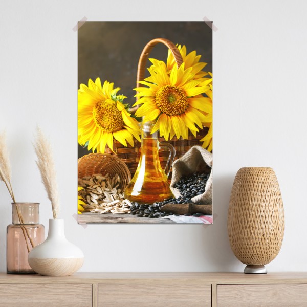 Plakat jasna martwa natura ze słonecznikami, ziarnami i olejem – Wallissimo® Plakat jasna martwa natura ze słonecznikami, ziarnami i olejem – Wallissimo®