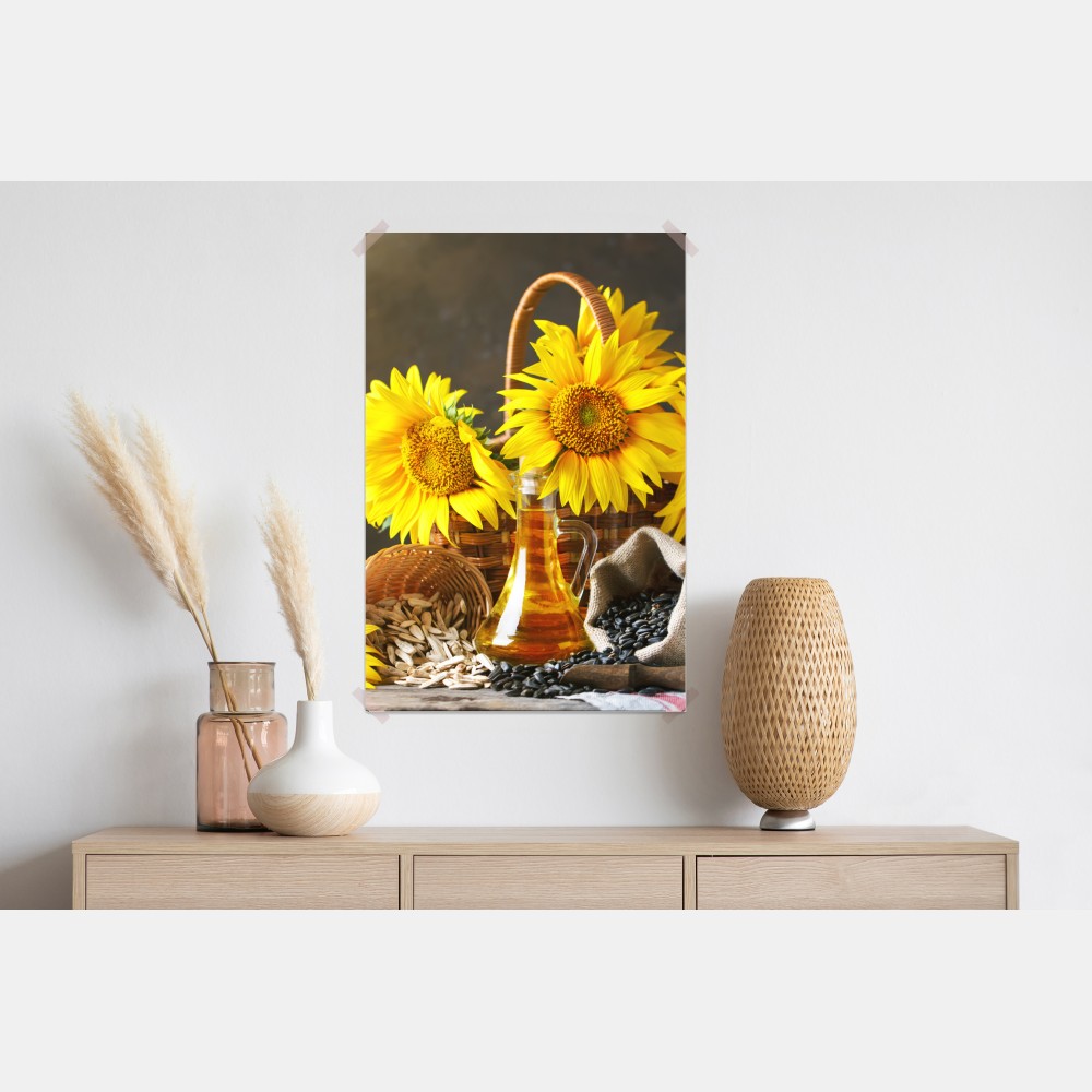 Plakat jasna martwa natura ze słonecznikami, ziarnami i olejem – Wallissimo® Plakat jasna martwa natura ze słonecznikami, ziarnami i olejem – Wallissimo®