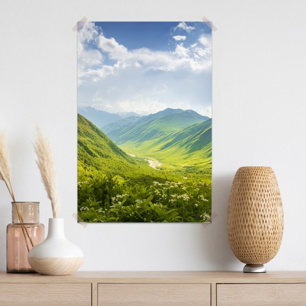 Plakat bujna zielona dolina górska