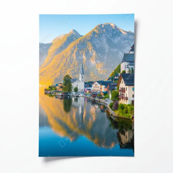 Plakat poranny blask Hallstatt nad jeziorem