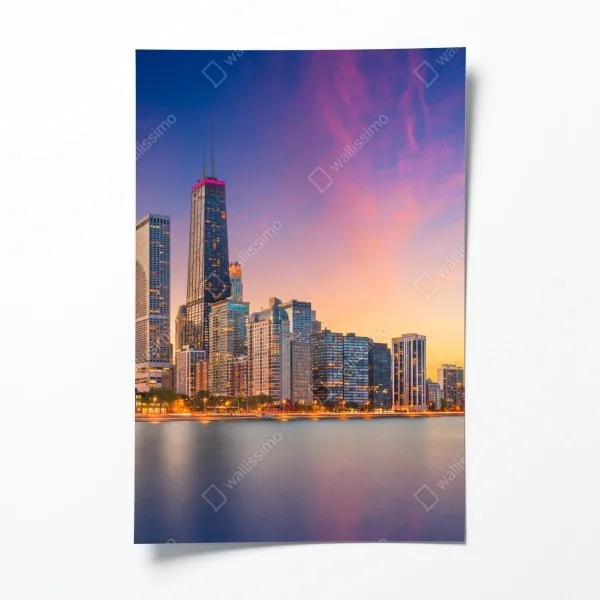 Plakat panorama Chicago o zmierzchu