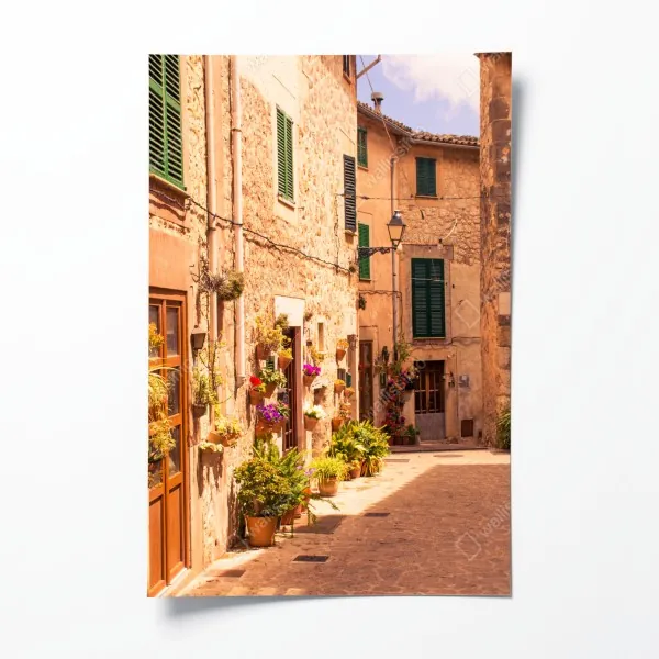 Plakat słoneczna uliczka śródziemnomorska z doniczkami