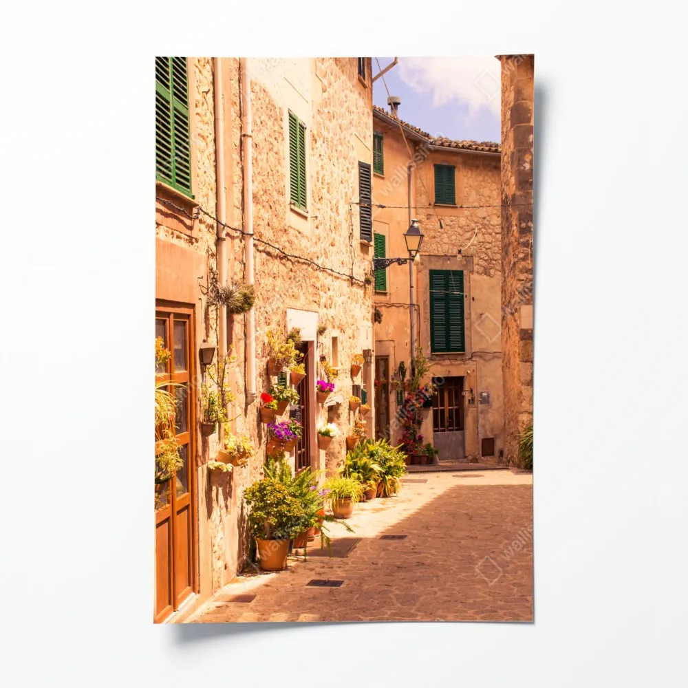 Plakat słoneczna uliczka śródziemnomorska z doniczkami – Wallissimo® Plakat słoneczna uliczka śródziemnomorska z doniczkami – Wallissimo®