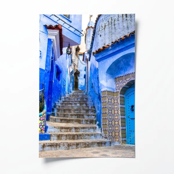 Plakat niebieska uliczka w Chefchaouen, Maroko