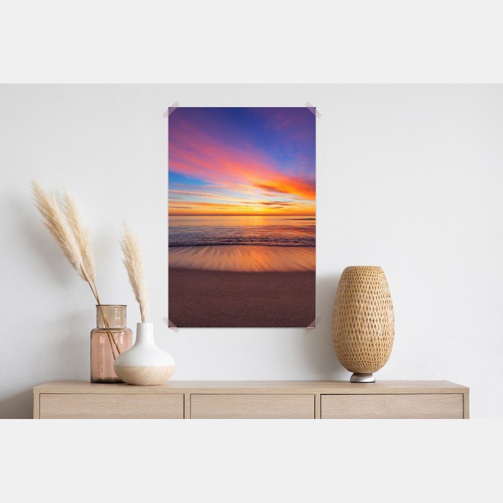 Plakat żywy wschód słońca nad spokojną plażą – Wallissimo® Plakat żywy wschód słońca nad spokojną plażą – Wallissimo®