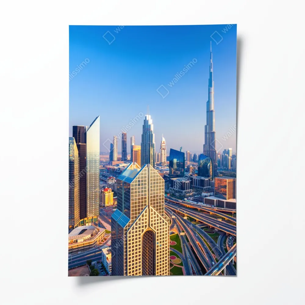 Plakat panorama Dubaju z Burj Khalifa o zachodzie słońca – Wallissimo®