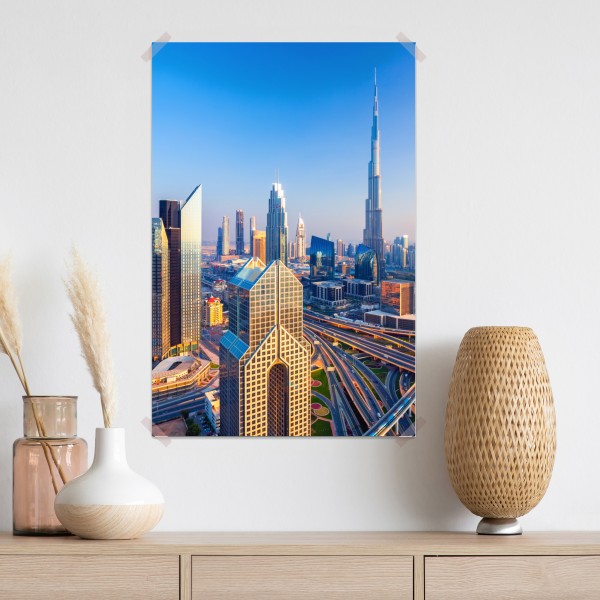 Plakat panorama Dubaju z Burj Khalifa o zachodzie słońca – Wallissimo®