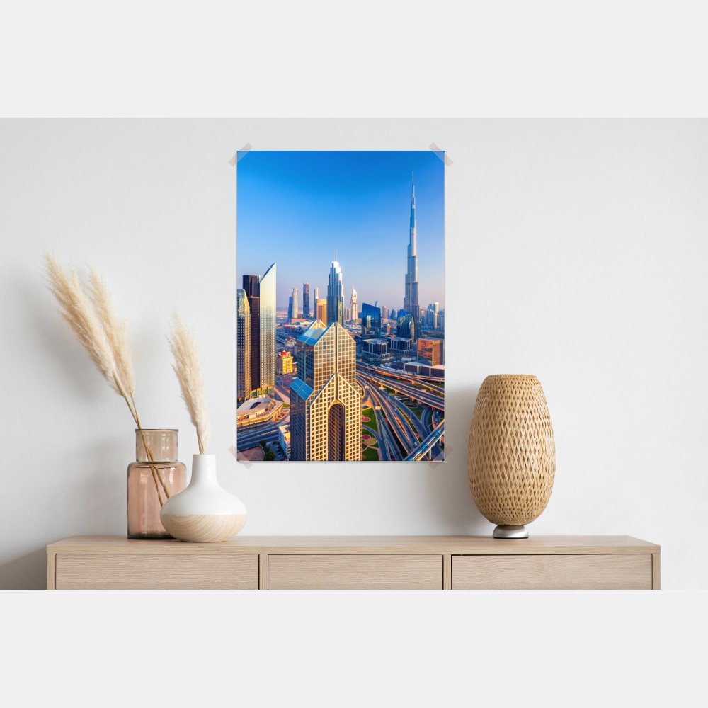 Plakat panorama Dubaju z Burj Khalifa o zachodzie słońca – Wallissimo®