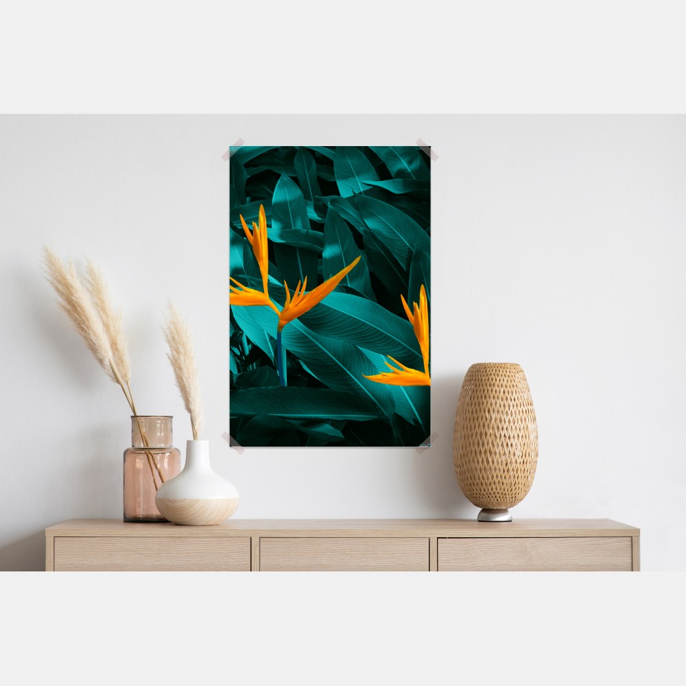 Plakat tropikalna strelicja na turkusowych liściach – Wallissimo® Plakat tropikalna strelicja na turkusowych liściach – Wallissimo®