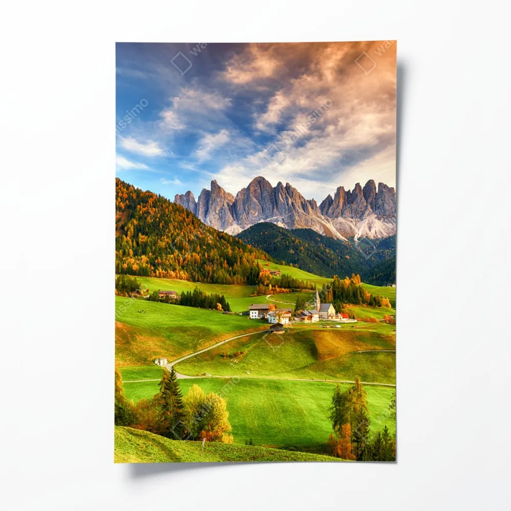 Plakat jesienny zachód słońca nad Santa Maddalena, Dolomity – Wallissimo® Plakat jesienny zachód słońca nad Santa Maddalena, Dolomity – Wallissimo®