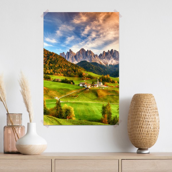 Plakat jesienny zachód słońca nad Santa Maddalena, Dolomity – Wallissimo® Plakat jesienny zachód słońca nad Santa Maddalena, Dolomity – Wallissimo®