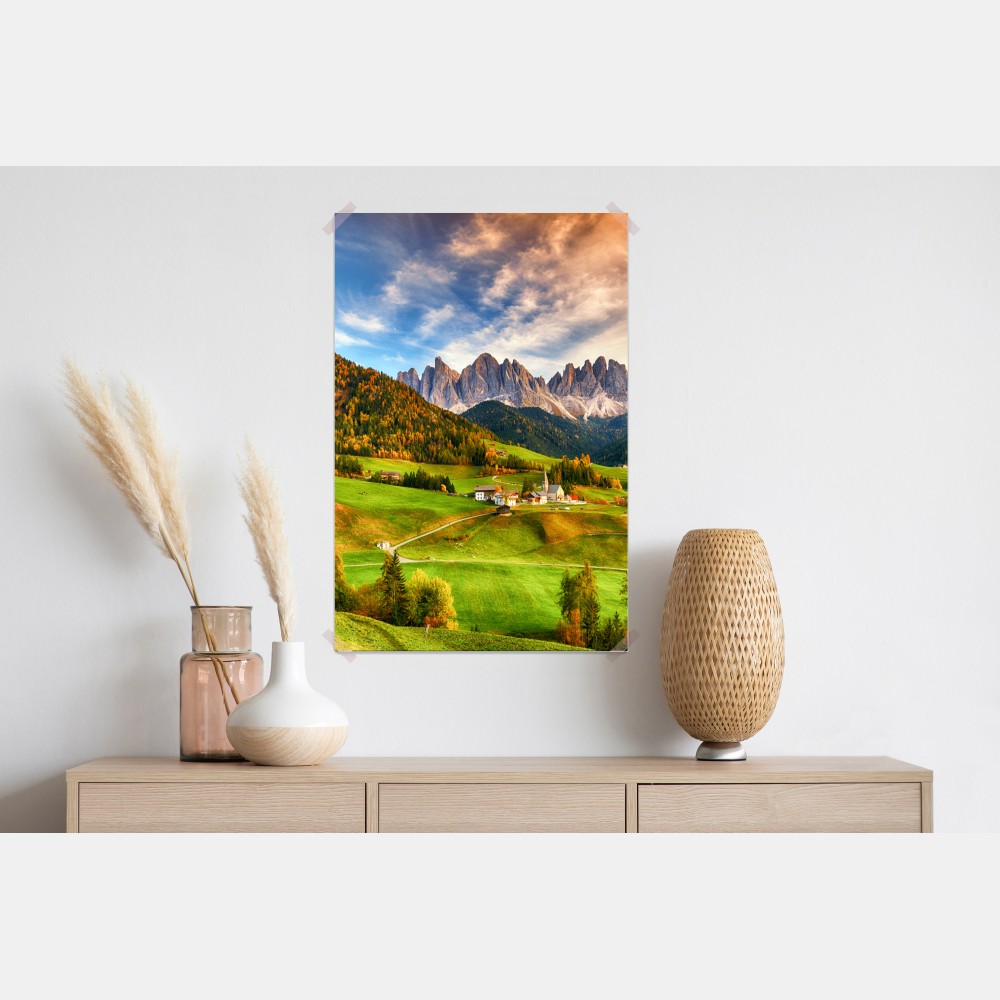 Plakat jesienny zachód słońca nad Santa Maddalena, Dolomity – Wallissimo® Plakat jesienny zachód słońca nad Santa Maddalena, Dolomity – Wallissimo®
