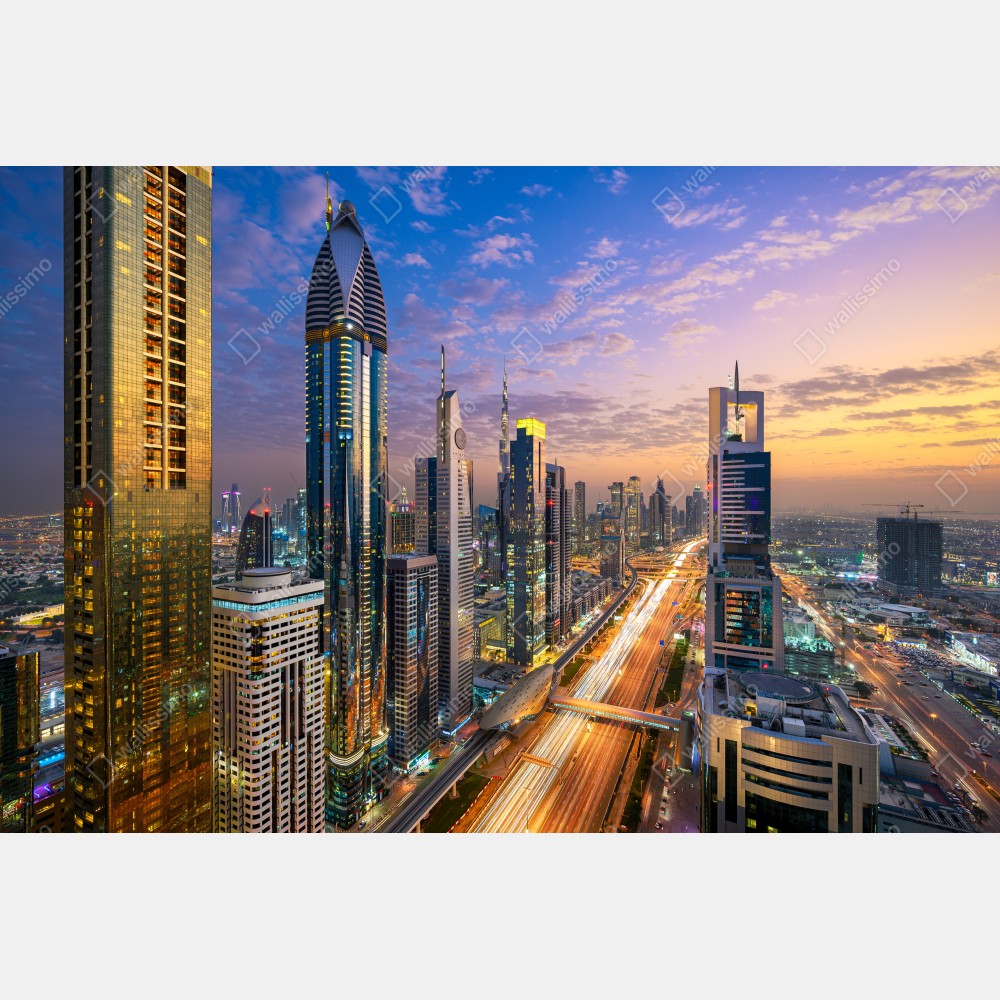 Plakat panorama Dubaju o zmierzchu – Wallissimo® Plakat panorama Dubaju o zmierzchu – Wallissimo®