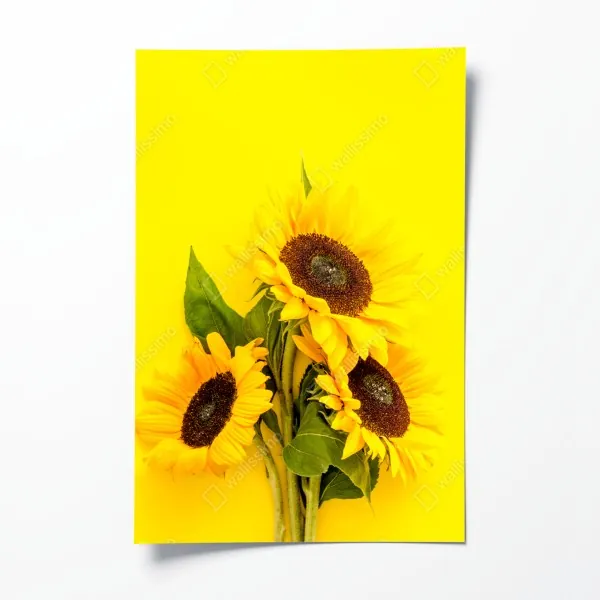 Plakat jasny bukiet słoneczników na żółtym tle