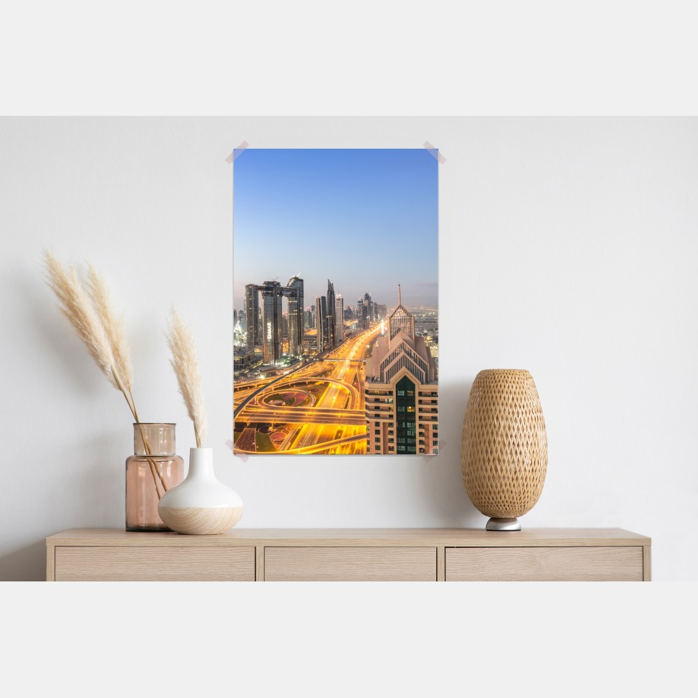 Plakat panorama Dubaju o zmierzchu – Wallissimo® Plakat panorama Dubaju o zmierzchu – Wallissimo®