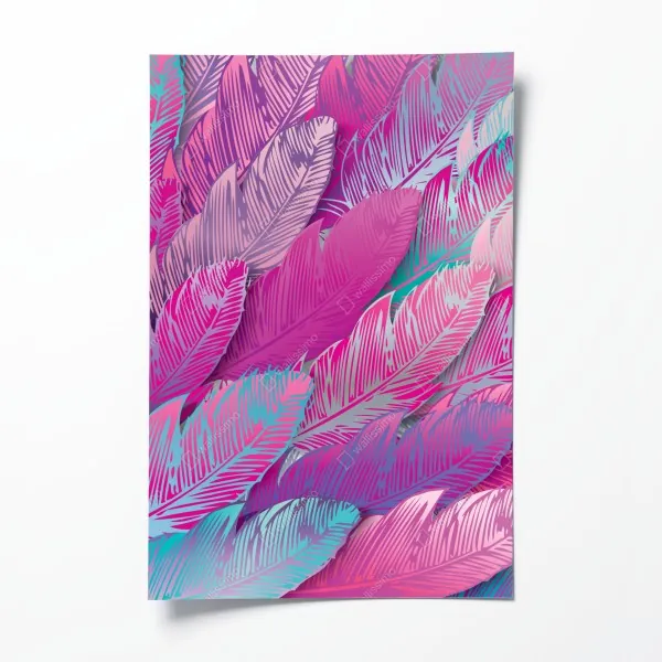 Plakat iryzujący różowy wzór piór