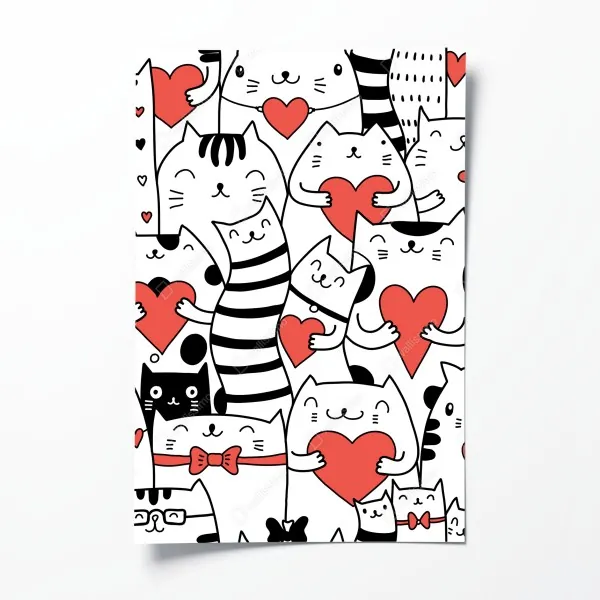 Plakat urocze koty z sercami wzór