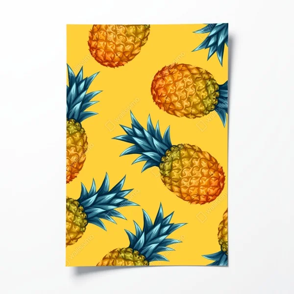 Plakat tropikalny wzór z ananasami na żółtym tle