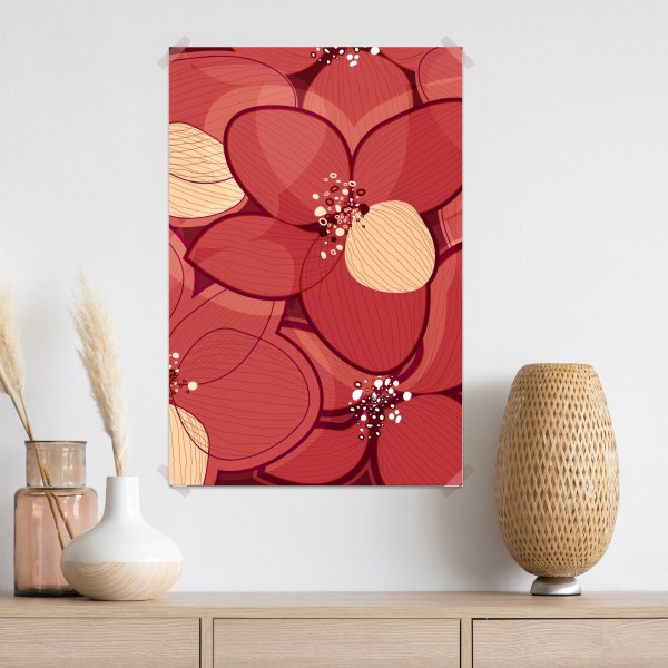 Plakat czerwony kwiatowy wzór z beżowymi środkami – Wallissimo® Plakat czerwony kwiatowy wzór z beżowymi środkami – Wallissimo®