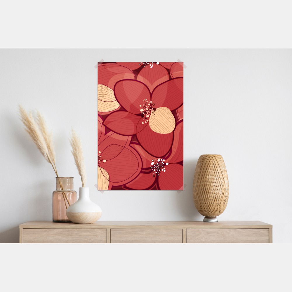 Plakat czerwony kwiatowy wzór z beżowymi środkami – Wallissimo® Plakat czerwony kwiatowy wzór z beżowymi środkami – Wallissimo®