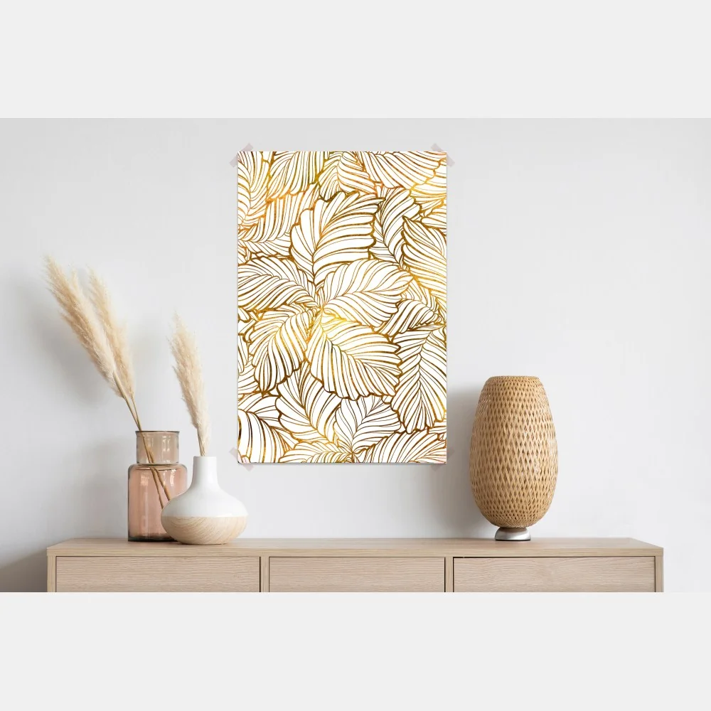 Plakat złote liście w stylu line art – Wallissimo® Plakat złote liście w stylu line art – Wallissimo®