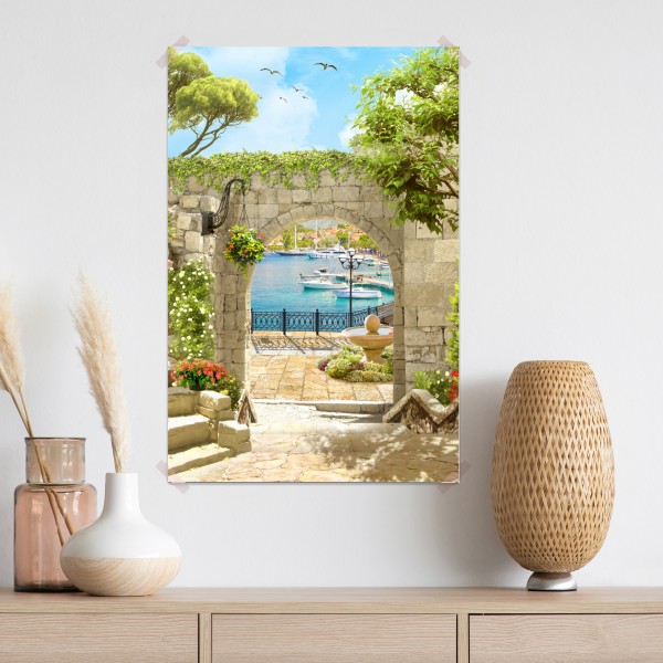 Plakat śródziemnomorski widok przez arkadę – Wallissimo® Plakat śródziemnomorski widok przez arkadę – Wallissimo®