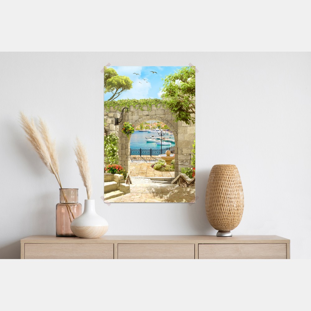 Plakat śródziemnomorski widok przez arkadę – Wallissimo® Plakat śródziemnomorski widok przez arkadę – Wallissimo®